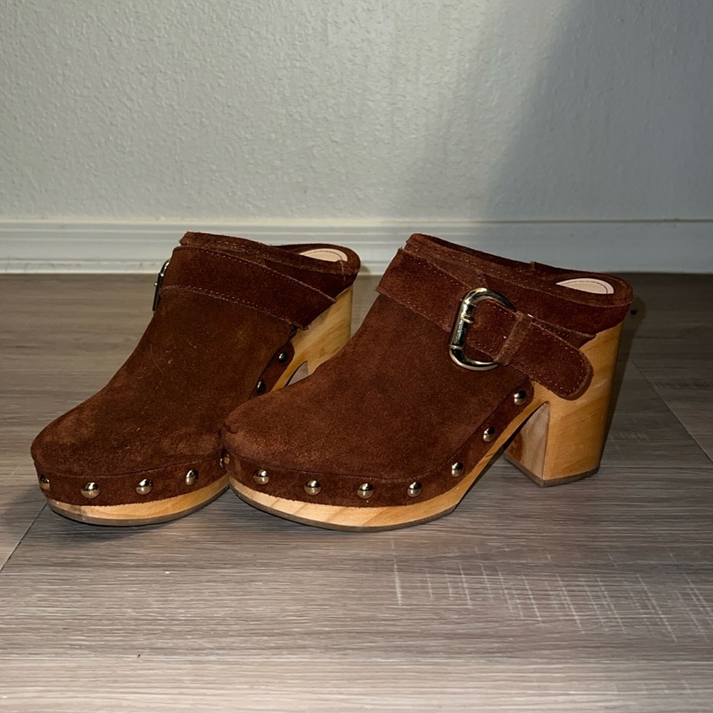 SOLD 70’s Platform Studded Mule Block Heel Suede Gold Buckle